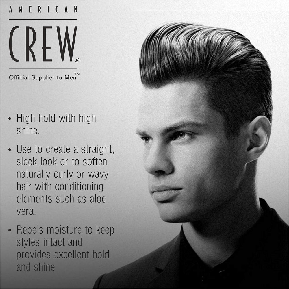 American Crew grooming cream demonstrates high hold and high shine finish.