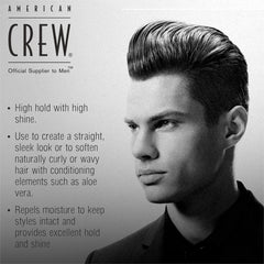 American Crew grooming cream demonstrates high hold and high shine finish.