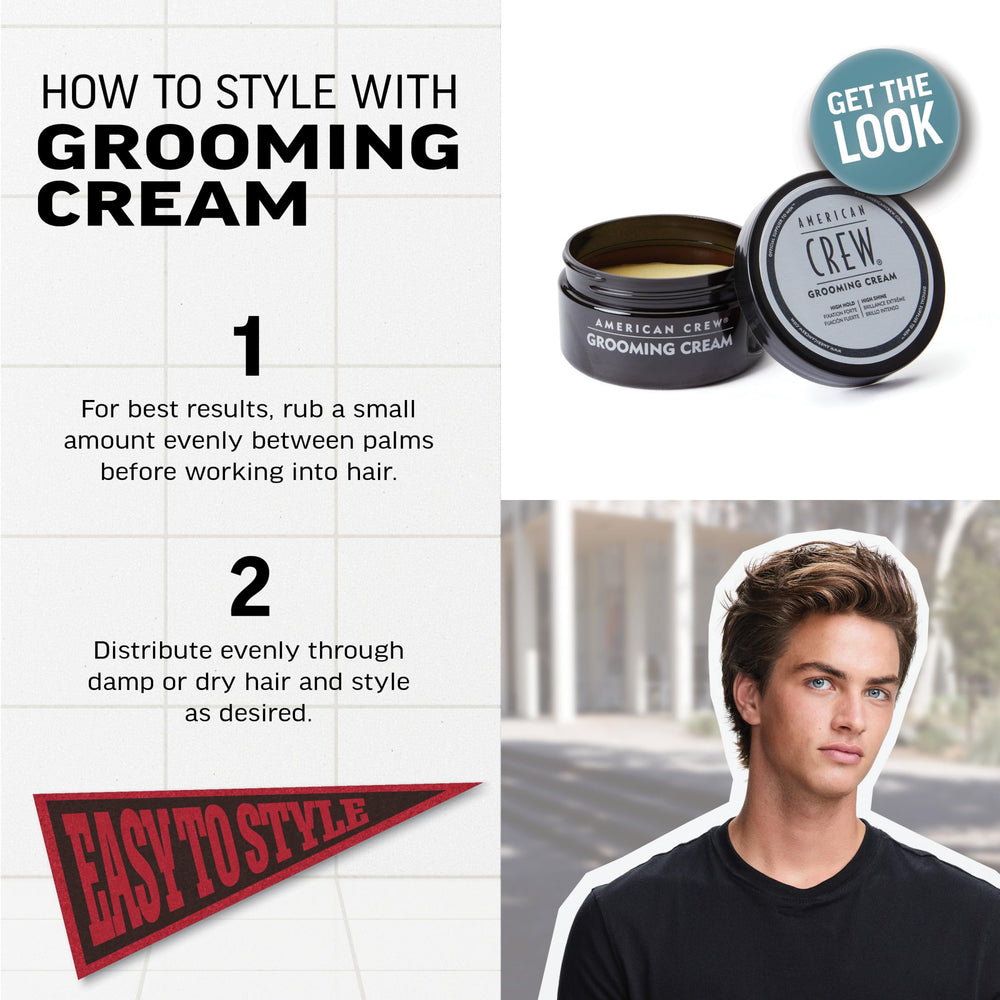 American Crew Grooming Cream on styled hair with a high shine finish.