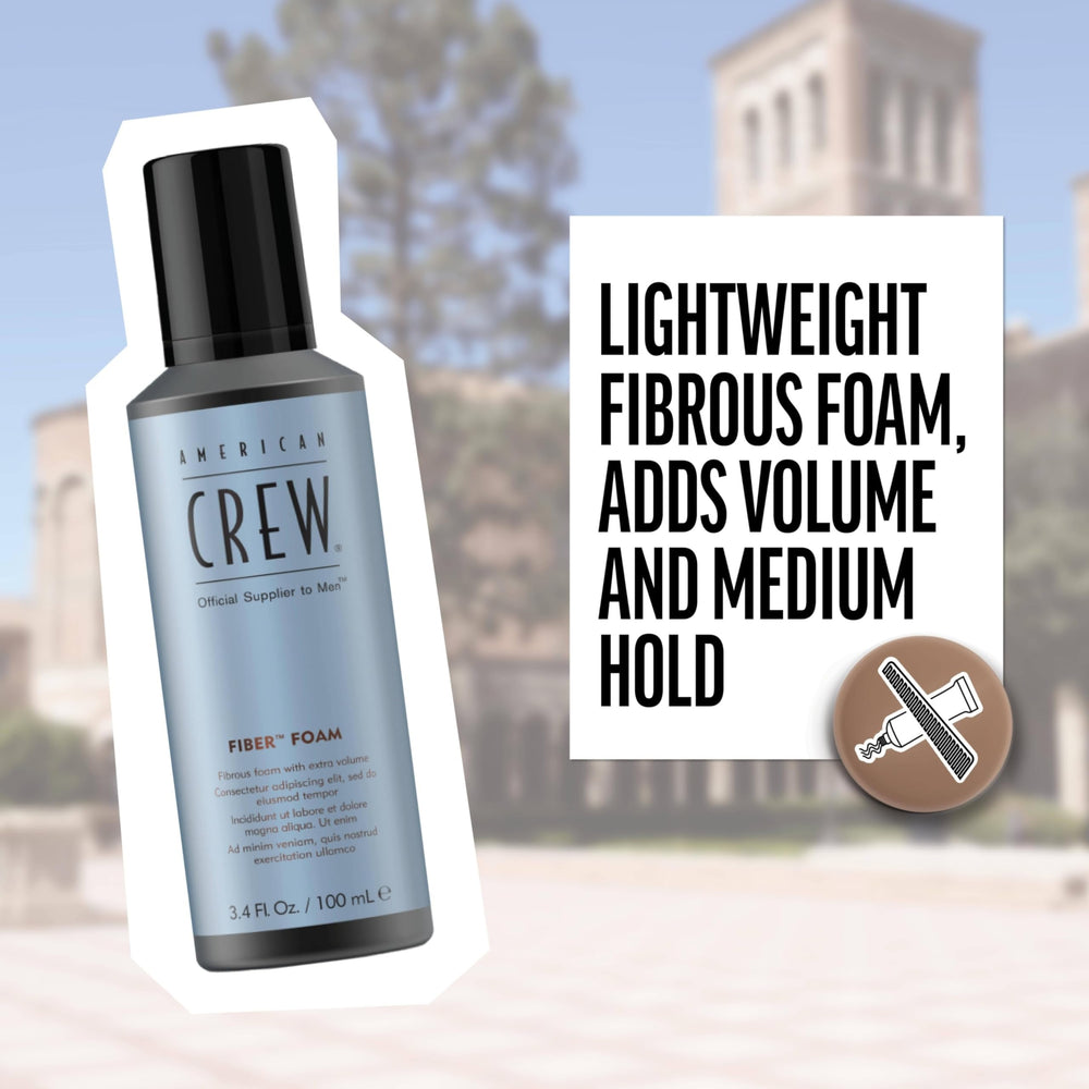 American Crew Hair Fiber Grooming Foam dispense demonstrates easy application for quick styling.