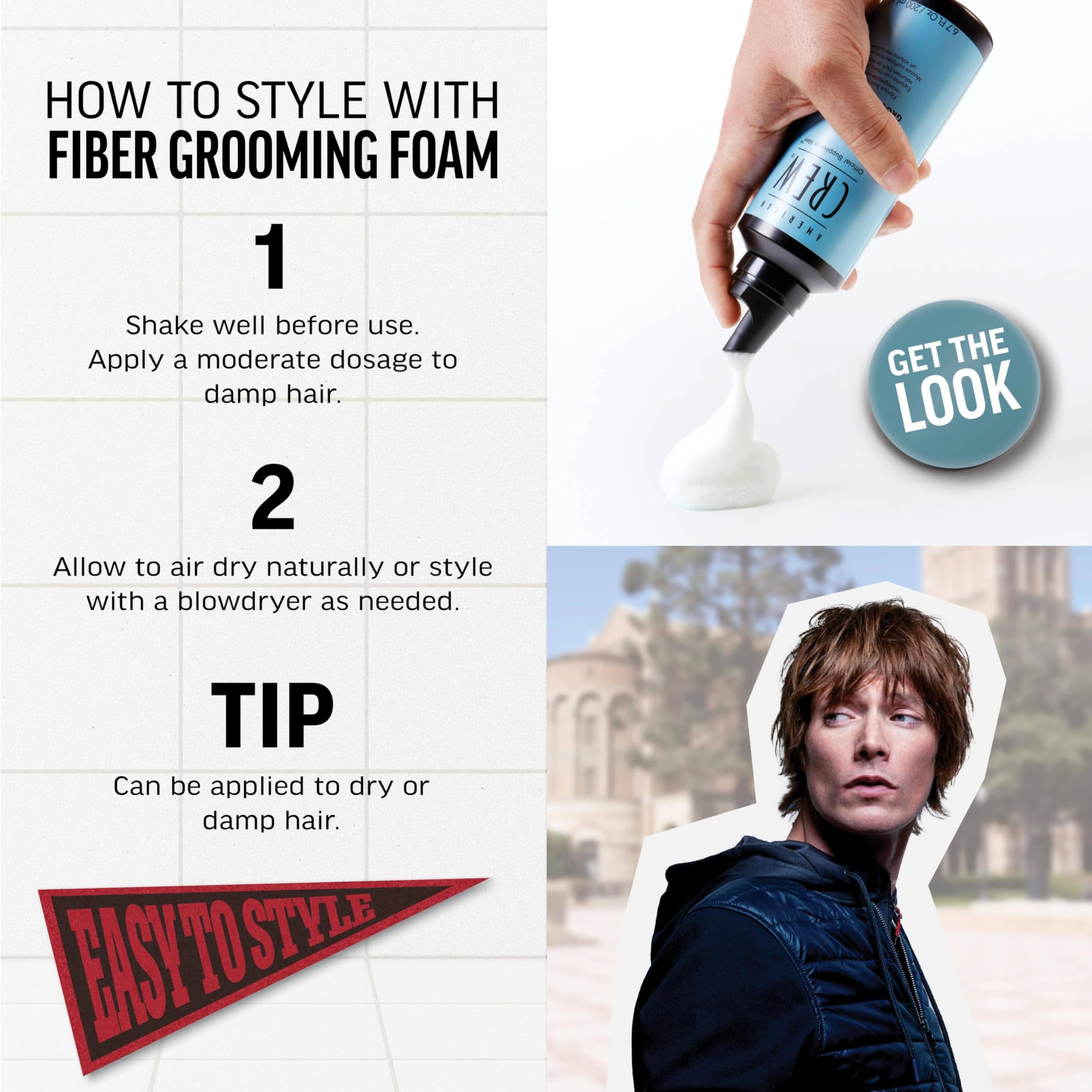 American Crew Hair Fiber Grooming Foam texture close-up highlights fibrous foam for medium hold.