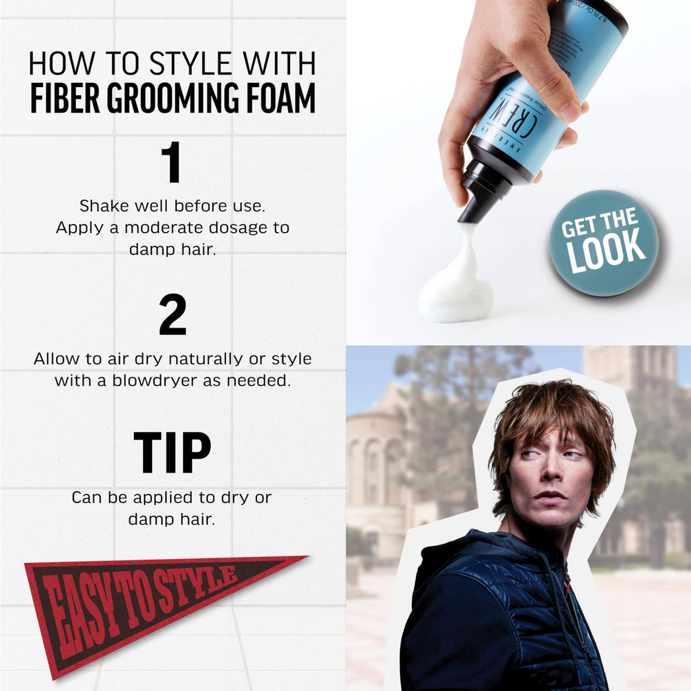 American Crew Hair Fiber Grooming Foam texture close-up highlights fibrous foam for medium hold.