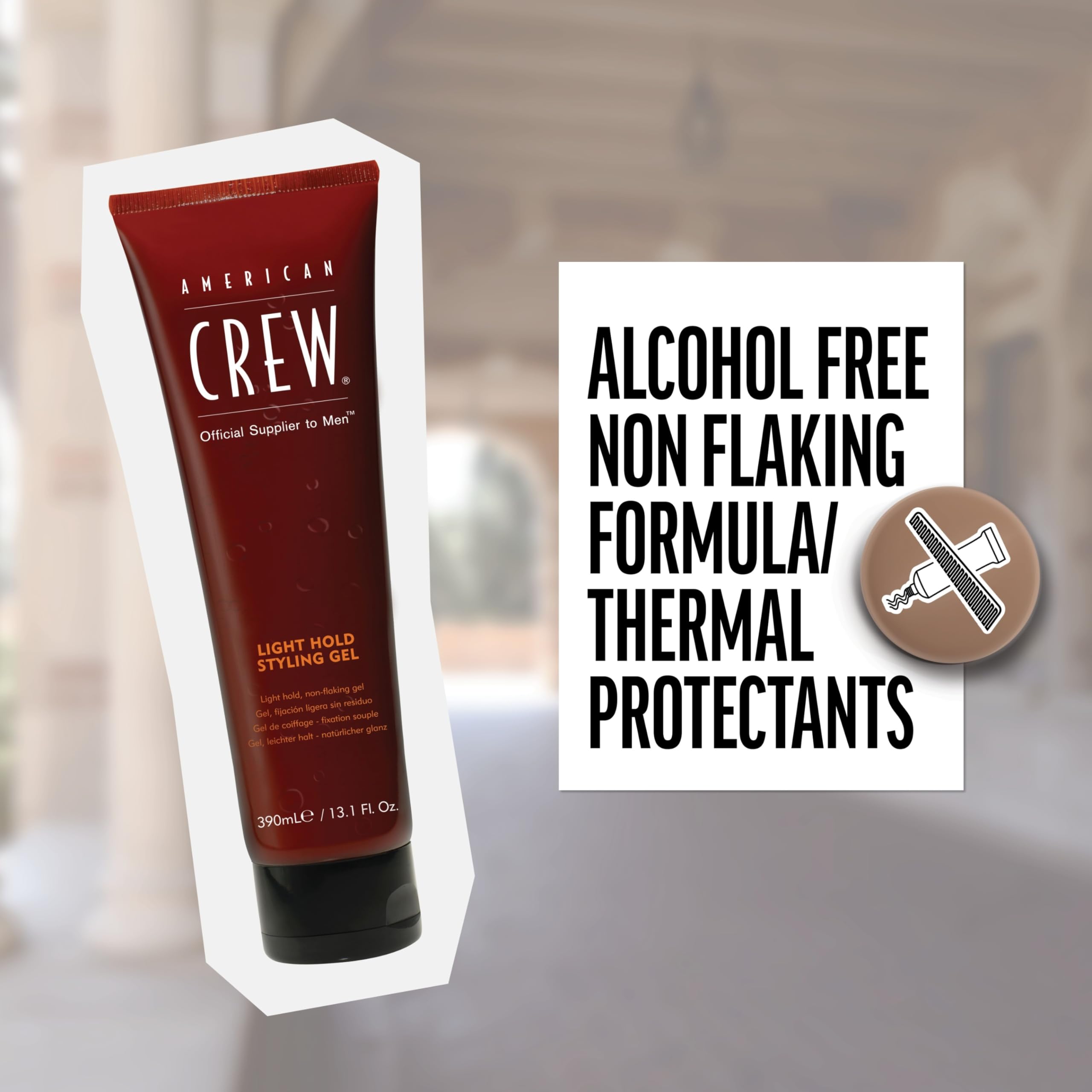 American Crew Hair Gel closeup-tube shows moisture-rich formula for lasting comfort.