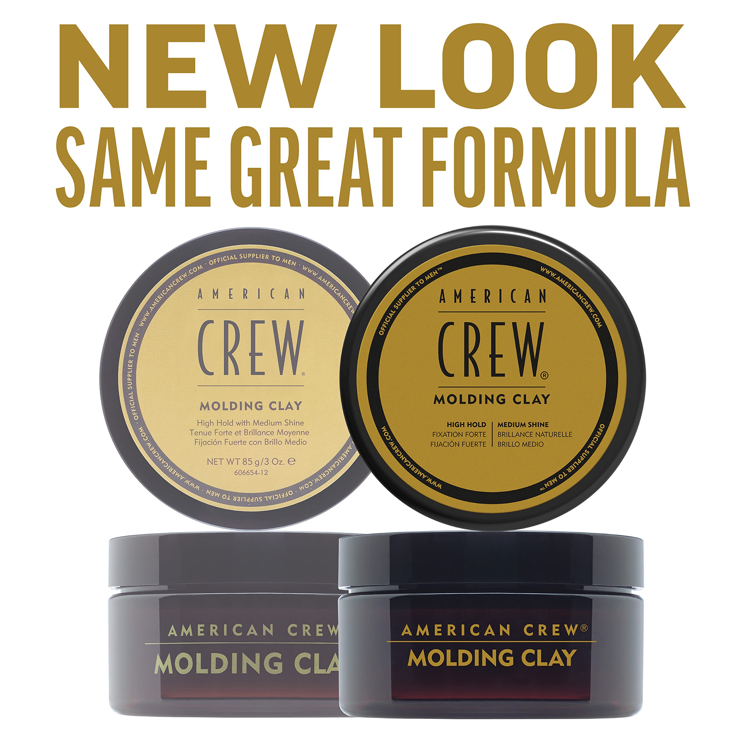 American Crew molding clay on model head shows high hold with natural medium shine.