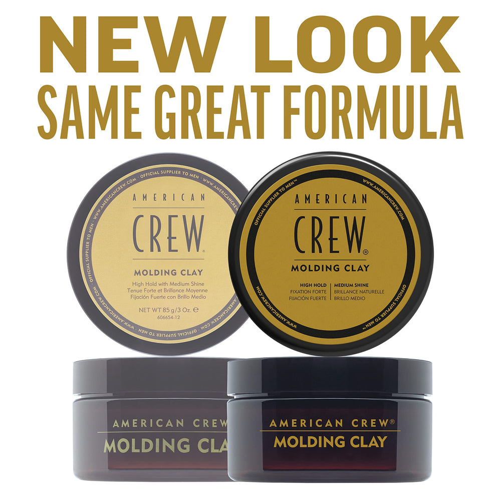 American Crew molding clay on model head shows high hold with natural medium shine.