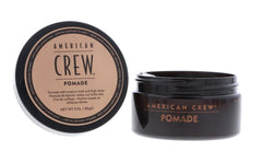 American Crew pomade jar close-up highlighting water-based formula for easy wash-out.