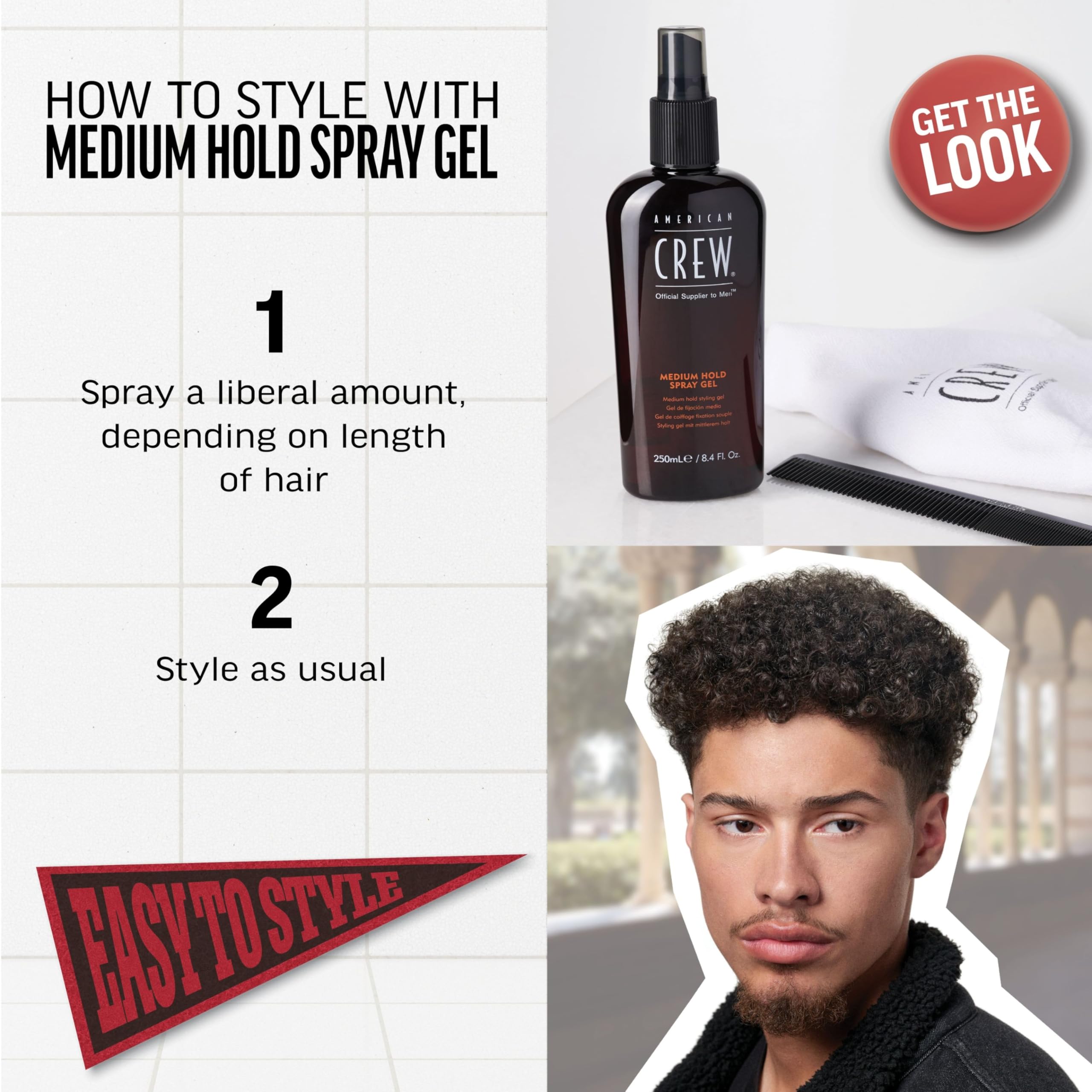 American Crew Medium Hold Spray Gel alcohol-free formula preserves scalp comfort