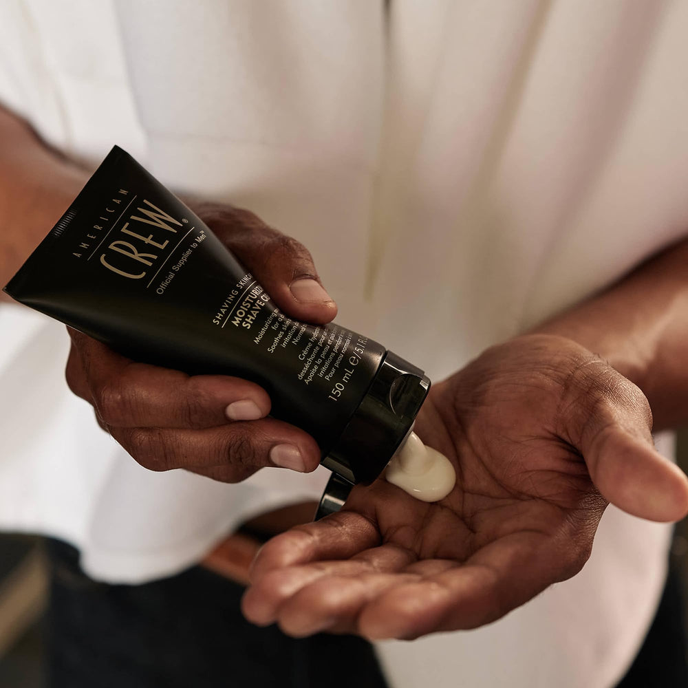American Crew Moisturizing Shave Cream packaging front shows premium men's grooming.