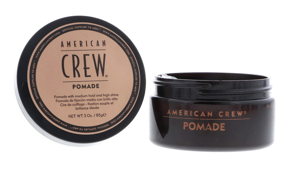 American Crew Pomade 3oz jar back label close-up for durable hold and classic styling tips.