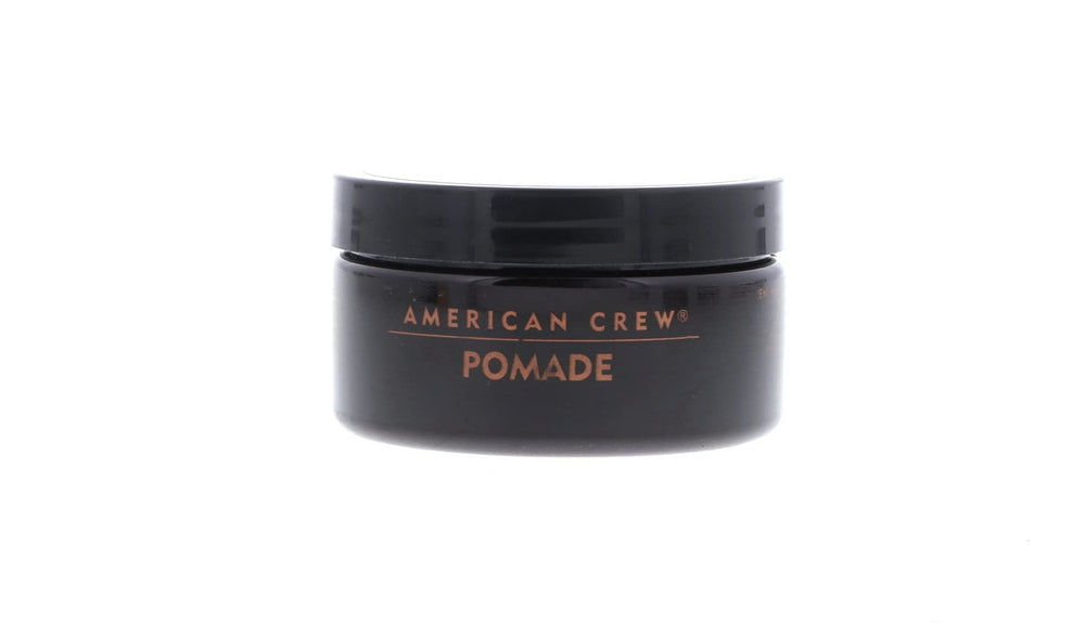 American Crew Pomade 3oz jar with slick-back styling example illustrating glossy finish.