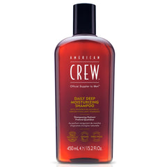 American Crew shampoo bottle pour highlights daily deep moisturizing formula for hydrated, clean hair.