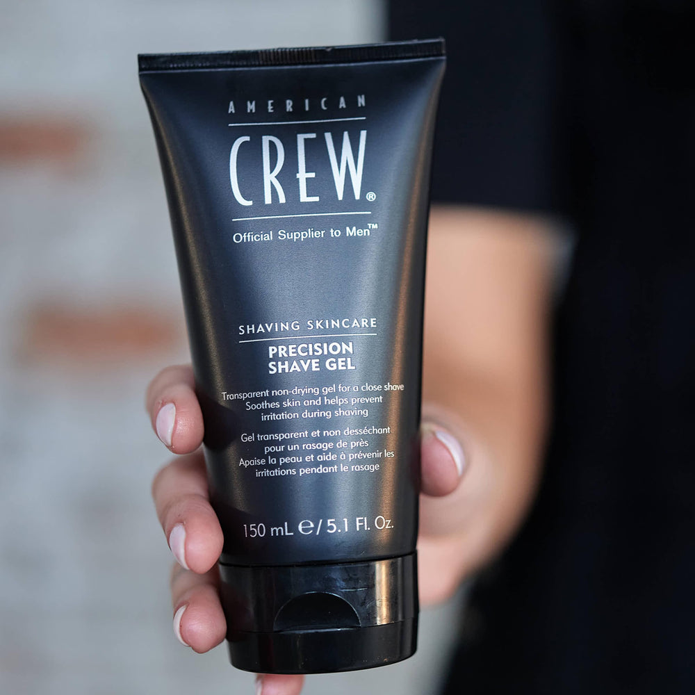 American Crew Shave Gel closeup highlights non-foaming formula for accurate shaping.
