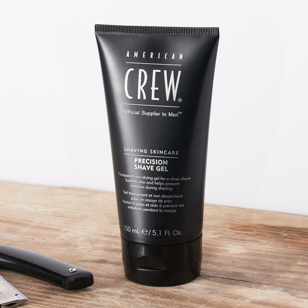 American Crew Shave Gel packaging reflects trusted men's grooming brand leadership.