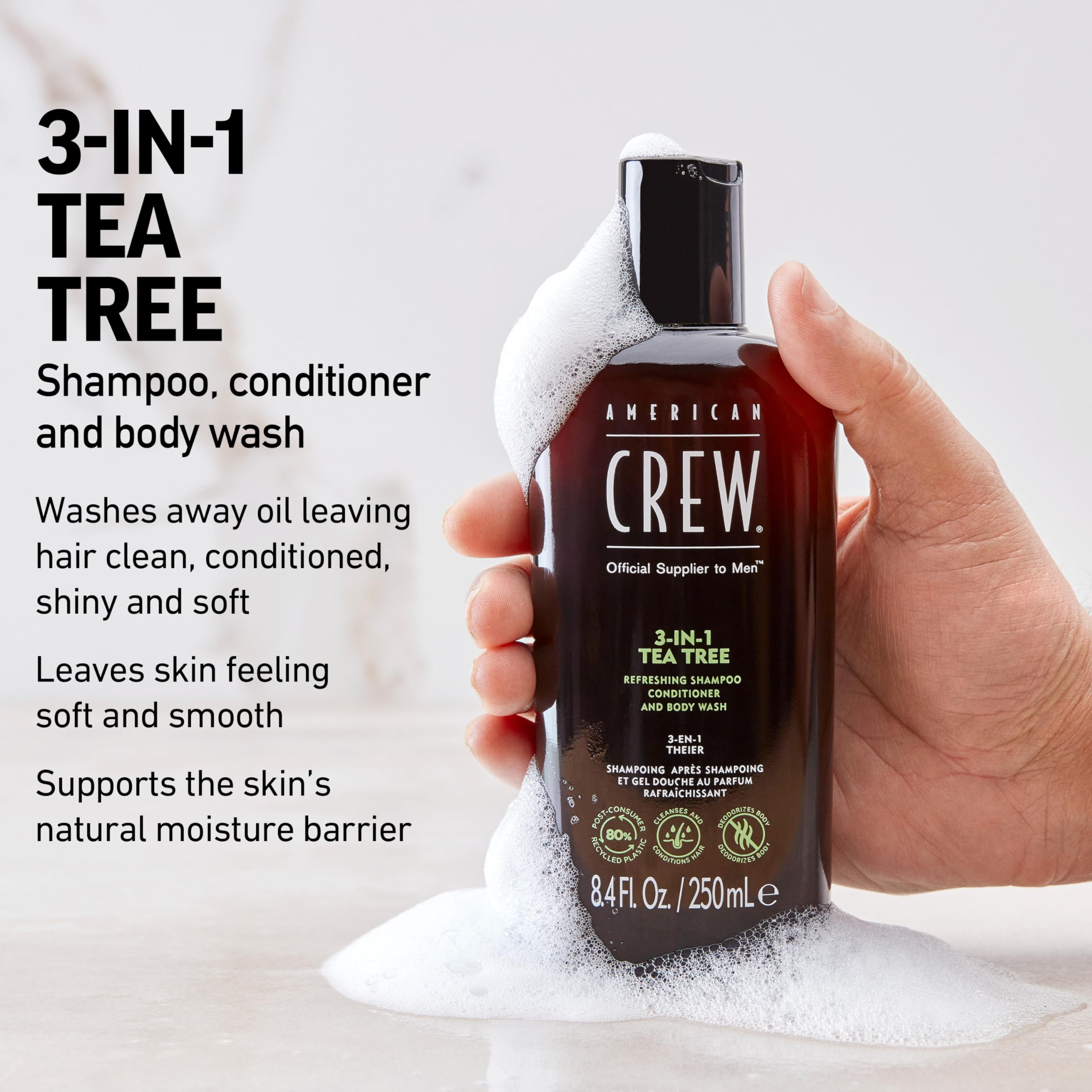 American Crew Tea Tree 3in1 body wash application promotes smooth skin.