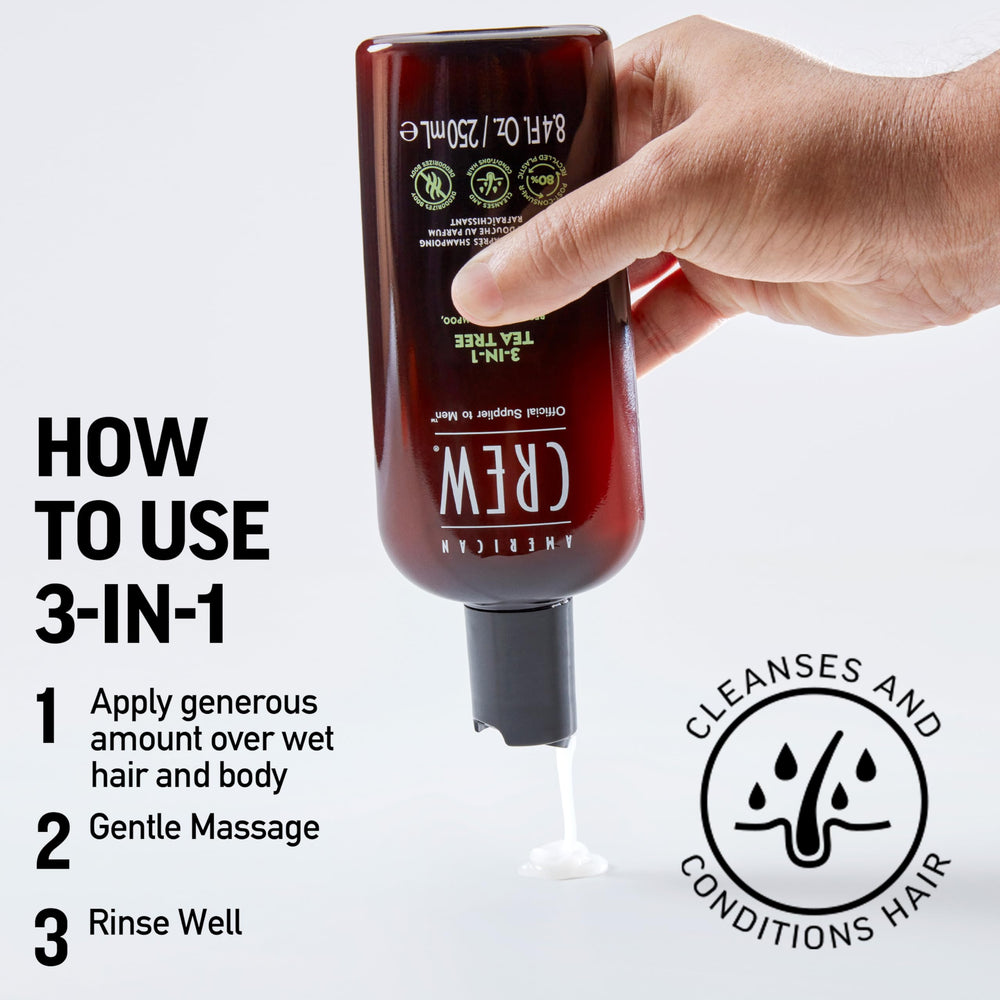 American Crew Tea Tree 3in1 bottle on shelf supports daily grooming.