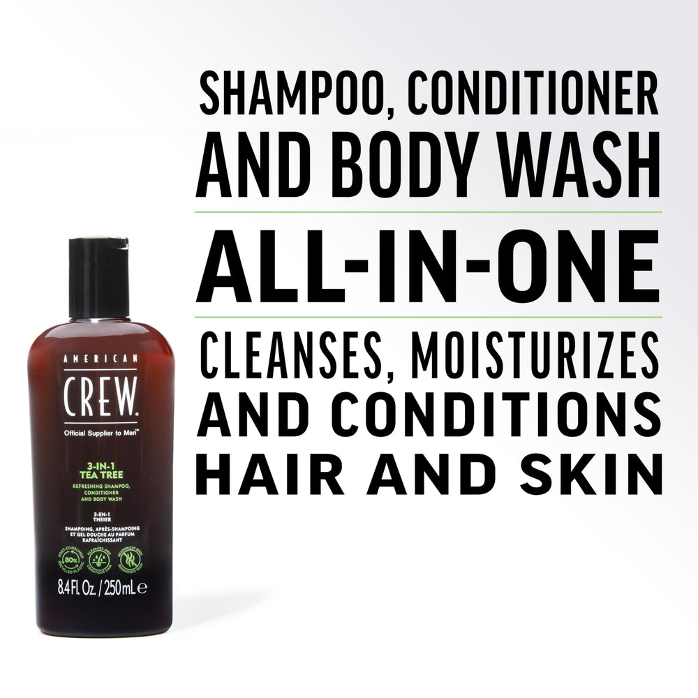 American Crew Tea Tree 3in1 conditioner close-up shows soft, manageable hair.