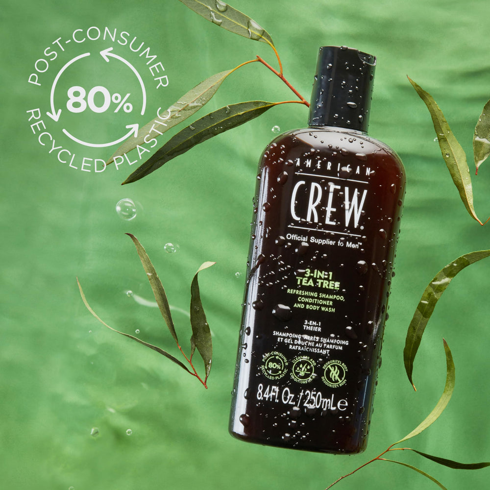 American Crew Tea Tree 3in1 label detail highlights refreshing fragrance.