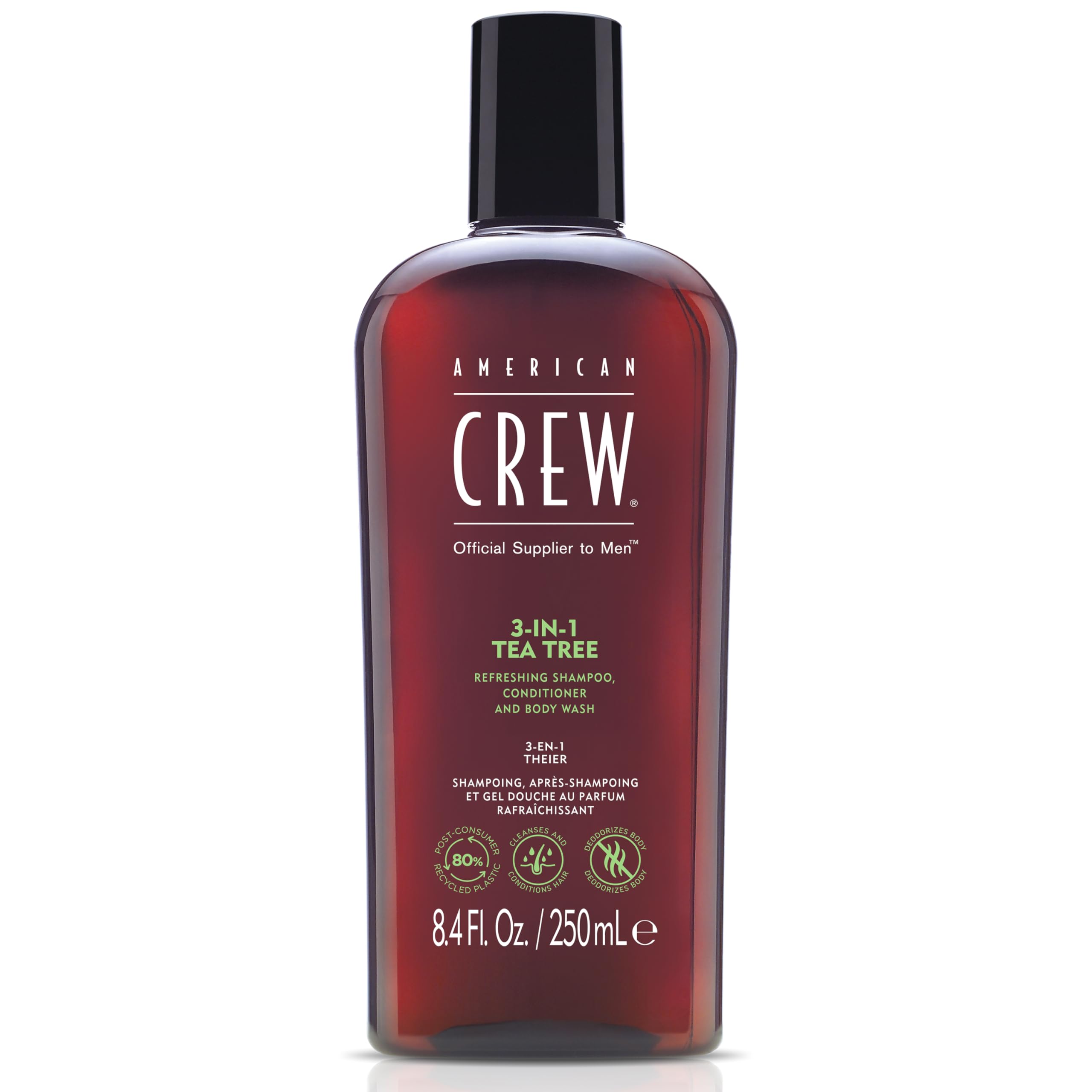 American Crew Tea Tree 3in1 shampoo bottle for clean hair and refreshed skin.