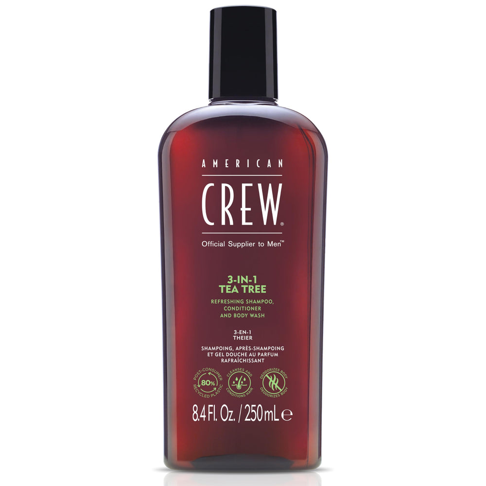 American Crew Tea Tree 3in1 shampoo bottle for clean hair and refreshed skin.