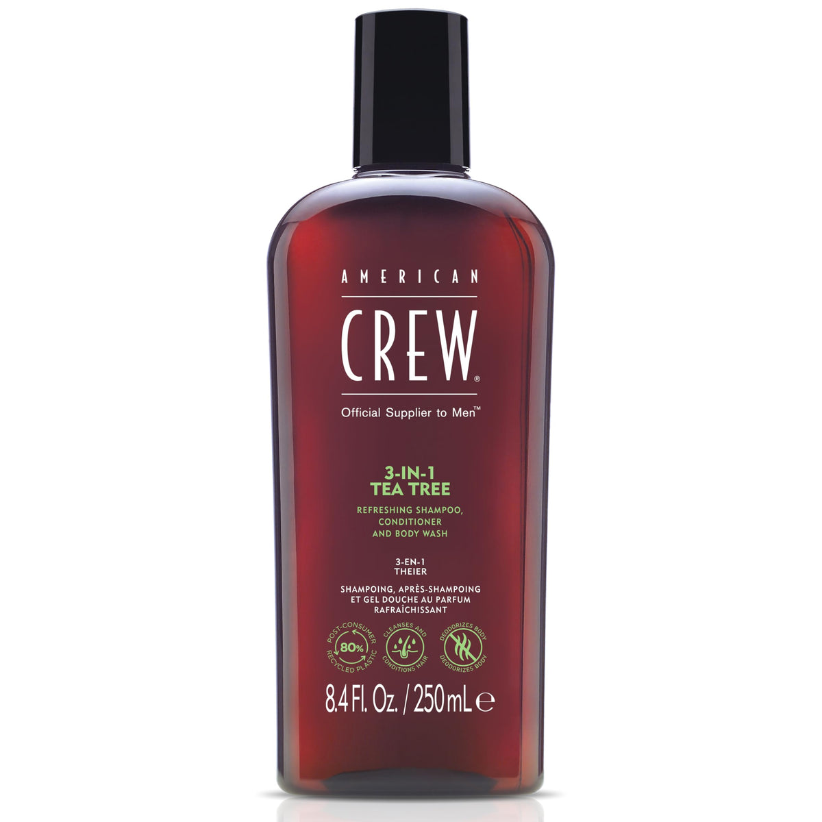 American Crew Tea Tree 3in1 shampoo bottle for clean hair and refreshed skin.
