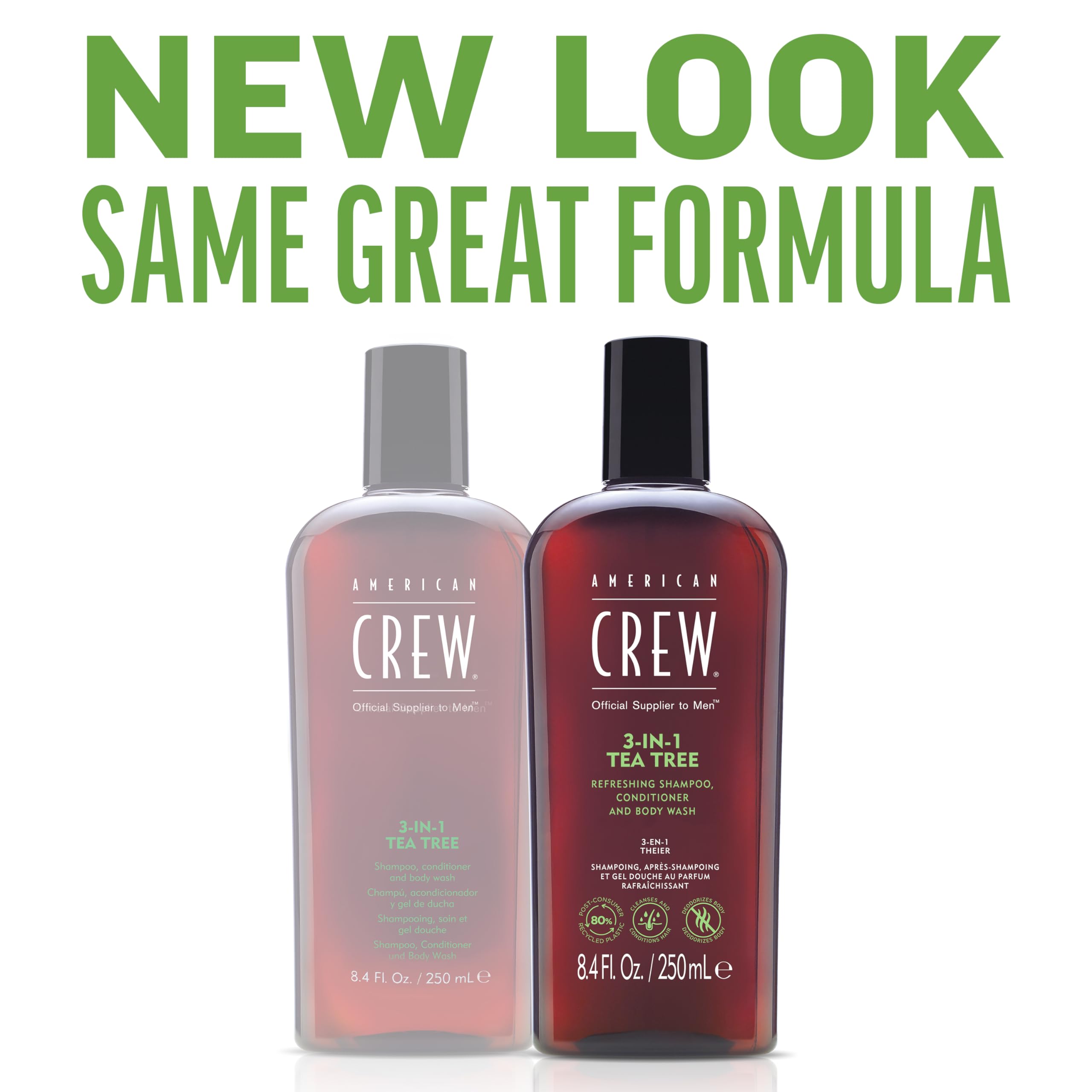 American Crew Tea Tree 3in1 bottle lather delivering cleansing and conditioning.