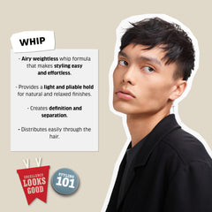 American Crew Whip application closeup shows flexible control for straight to wavy hair.