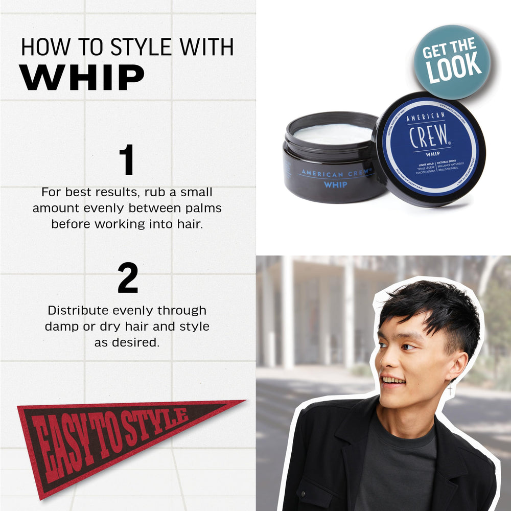 American Crew Whip Styling Cream closeup emphasizes soft feel after wash.