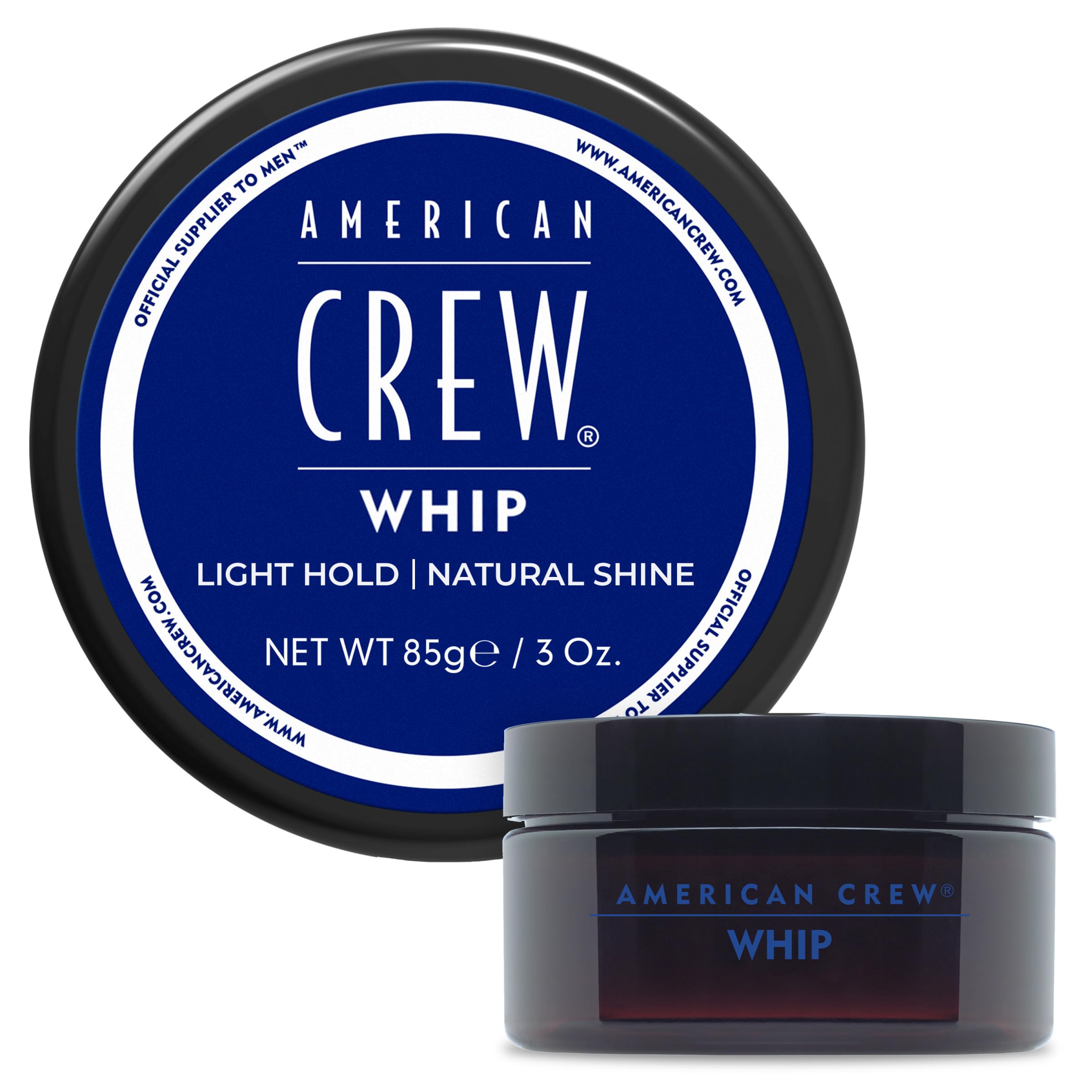 American Crew Whip Styling Cream bottle shows airy texture for natural shine.