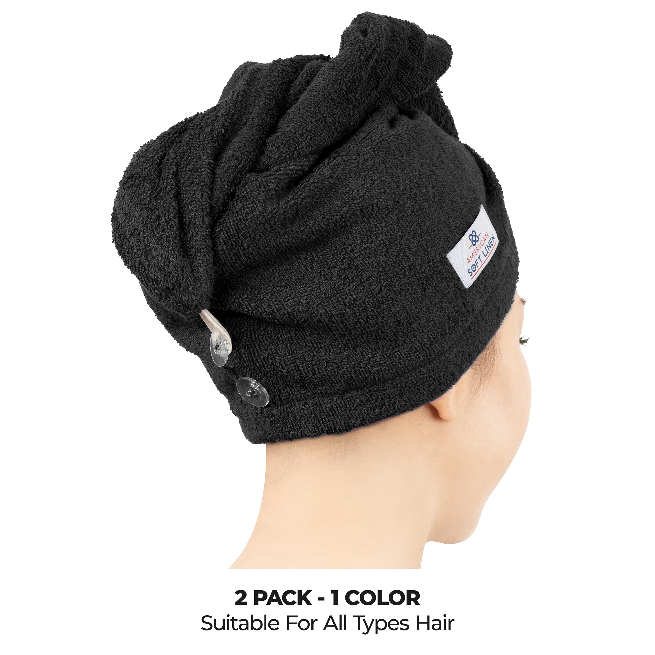 American Soft Linen two-pack black towels offer convenient styling and drying routine.