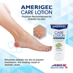 AMERIGEL Care Lotion on feet demonstrates quick absorbing, non greasy hydration.