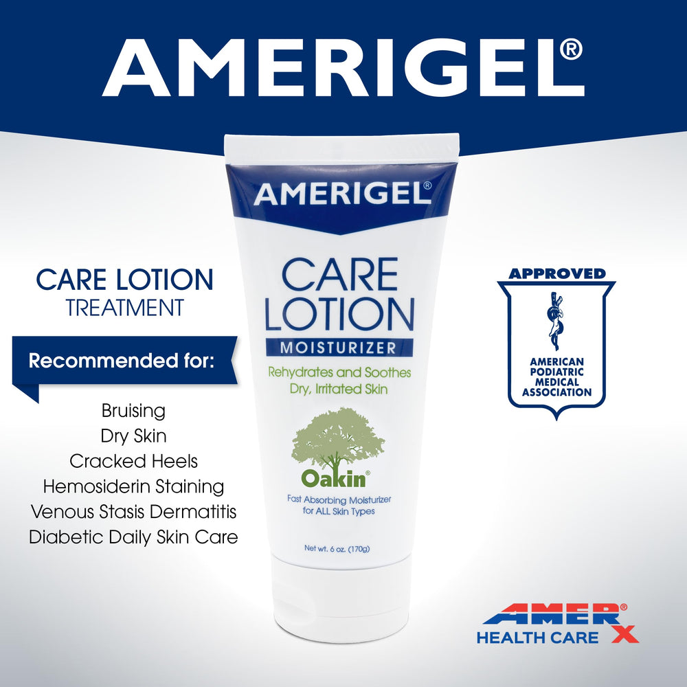 AMERIGEL Care Lotion application on heel demonstrates daily softening and moisturizing use.