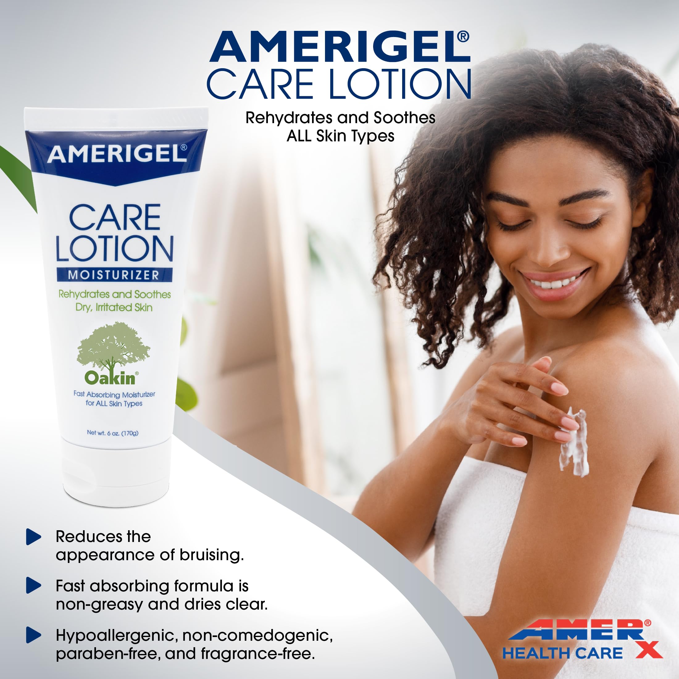 AMERIGEL Care Lotion bottle back highlights ingredients and diabetic skin care support.
