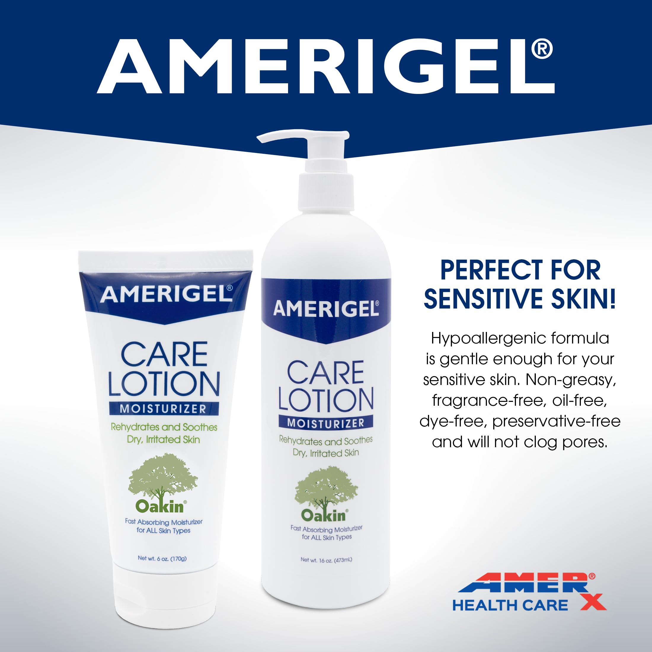 AMERIGEL Care Lotion rubbed on hands shows gentle fragrance free care.