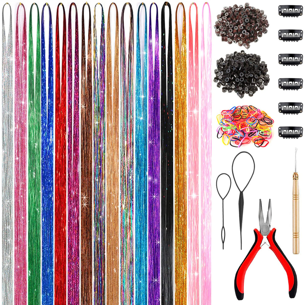 AMGPT 48-inch glitter hair tinsel kit provides long, dramatic shine for bold party looks.