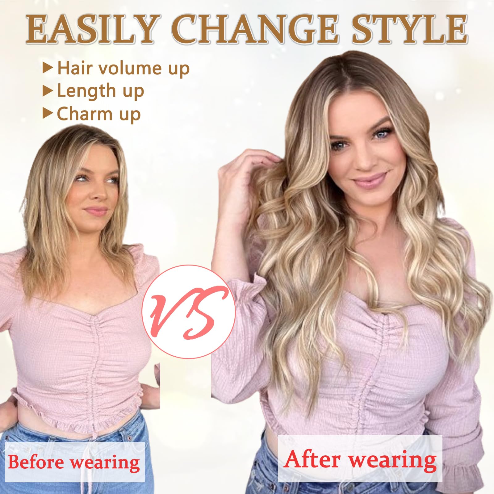 AMGPT 20-inch long, wavy curly extensions in honey blonde mix.