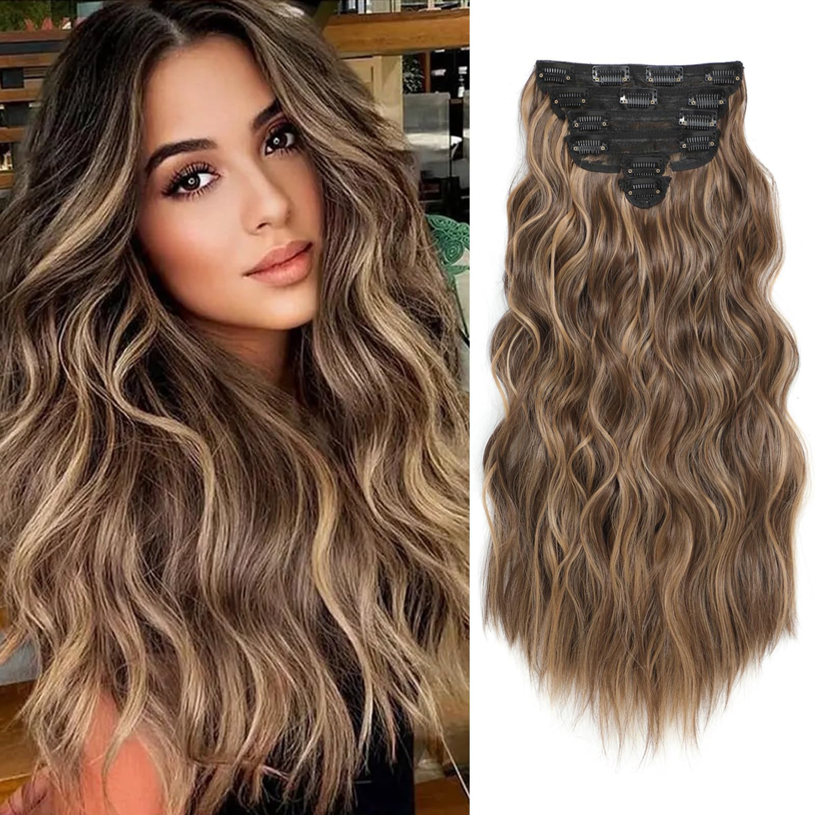 AMGPT clip-in extensions six-piece pack with multiple wefts for added volume.