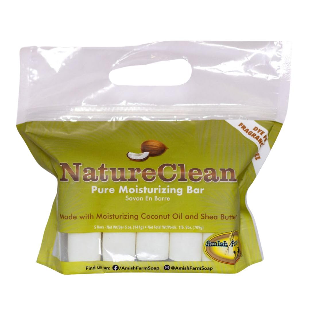 Amish Farms Pure Moisturizing Bar front label highlights fragrance-free hydration for sensitive skin.