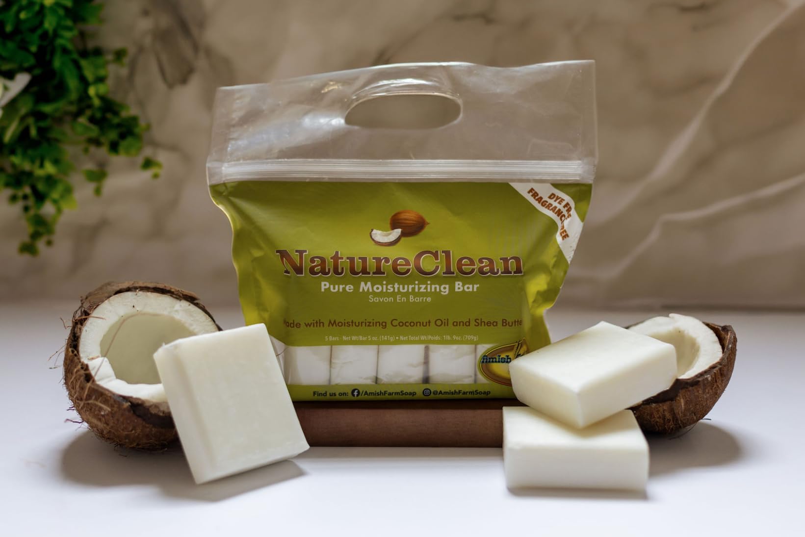 Amish Farms Pure Moisturizing Bar ingredients outline shows coconut oil and shea butter nourishing skin.