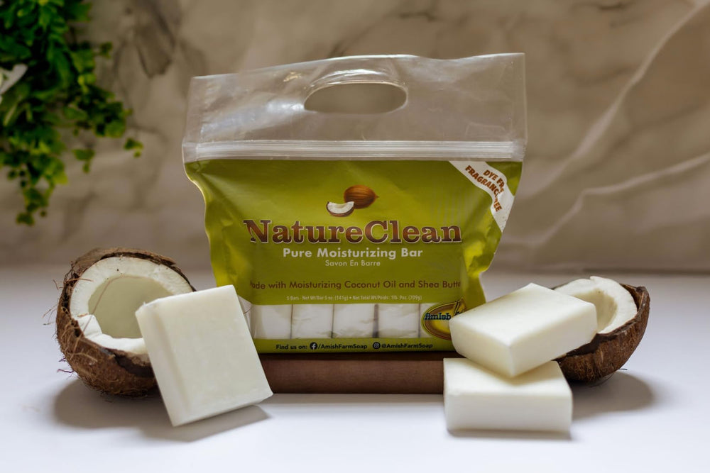 Amish Farms Pure Moisturizing Bar ingredients outline shows coconut oil and shea butter nourishing skin.