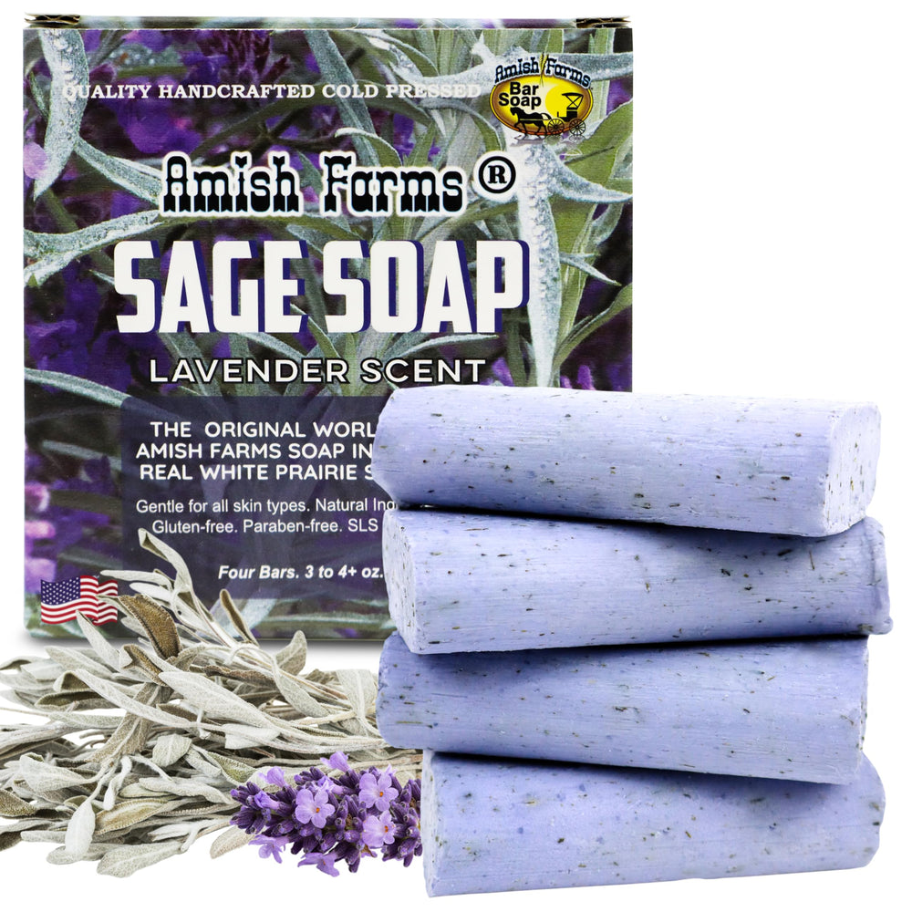 Amish Farms Sage Soap Bar lavender-bentonite image demonstrates soothing cleanse with exfoliation.