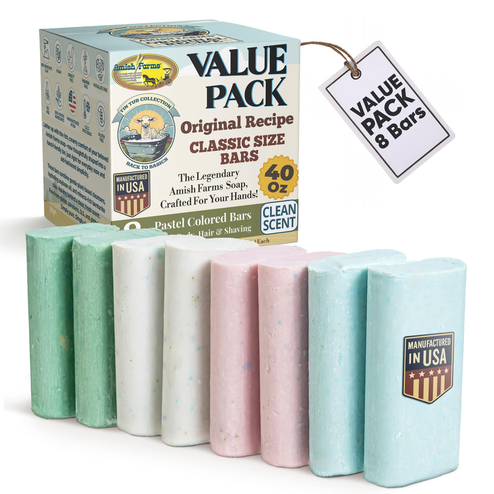 Amish Farms Soap Value Pack 8 bars in-hand grip for easy use and long-lasting supply.