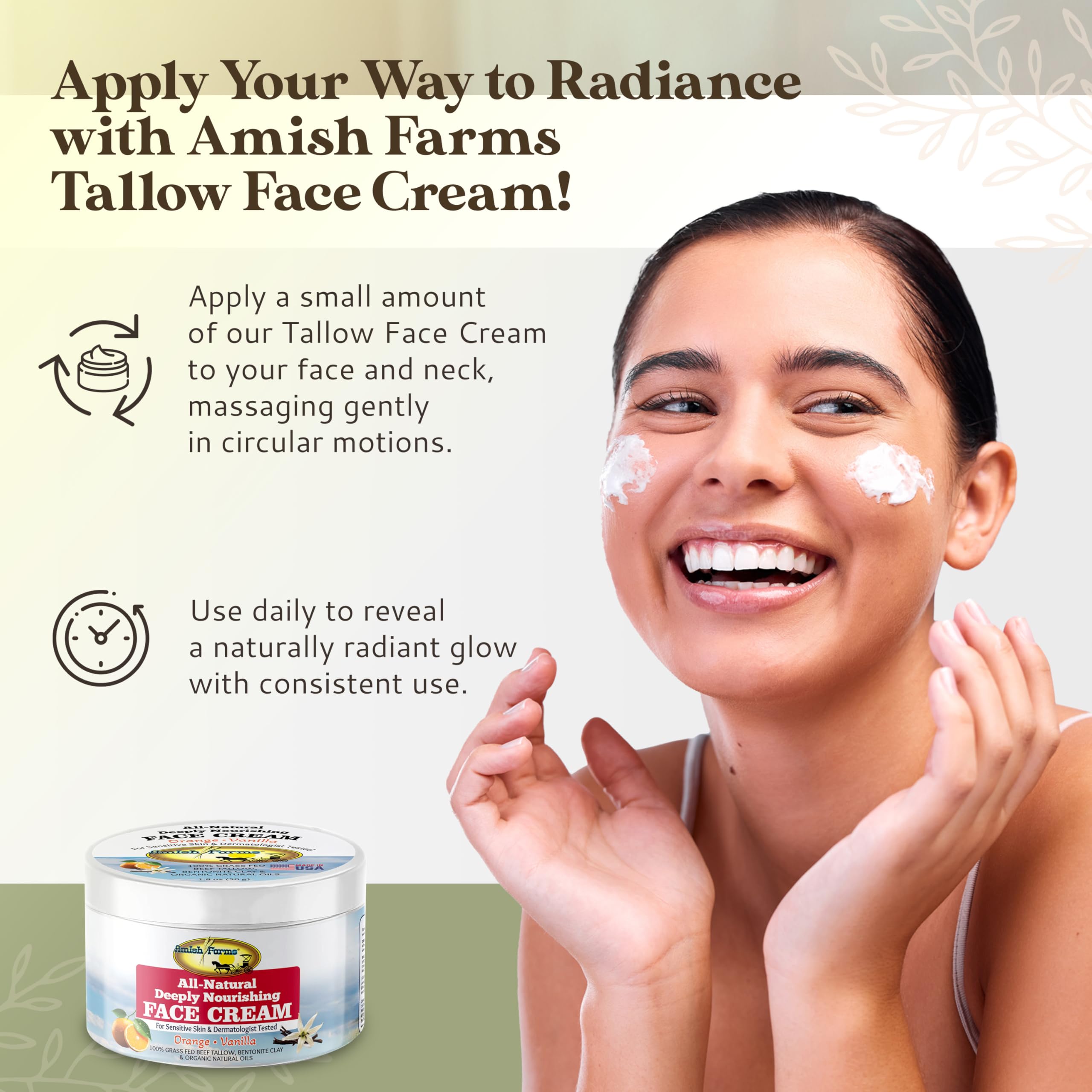 Amish Farms Tallow Face Cream natural ingredients highlighted on panel for clean beauty