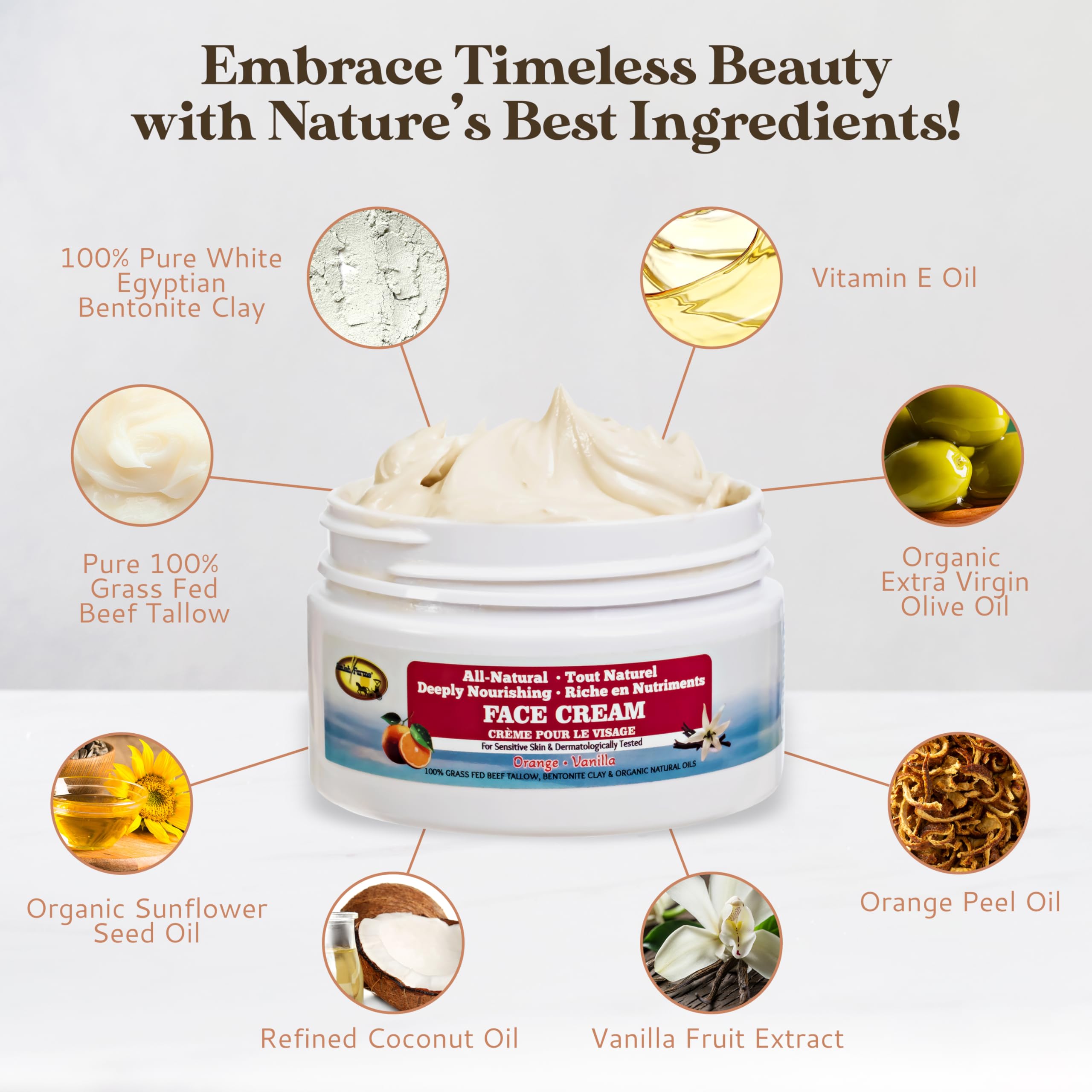 Amish Farms Tallow Face Cream orange vanilla oil blend on surface with gentle scent