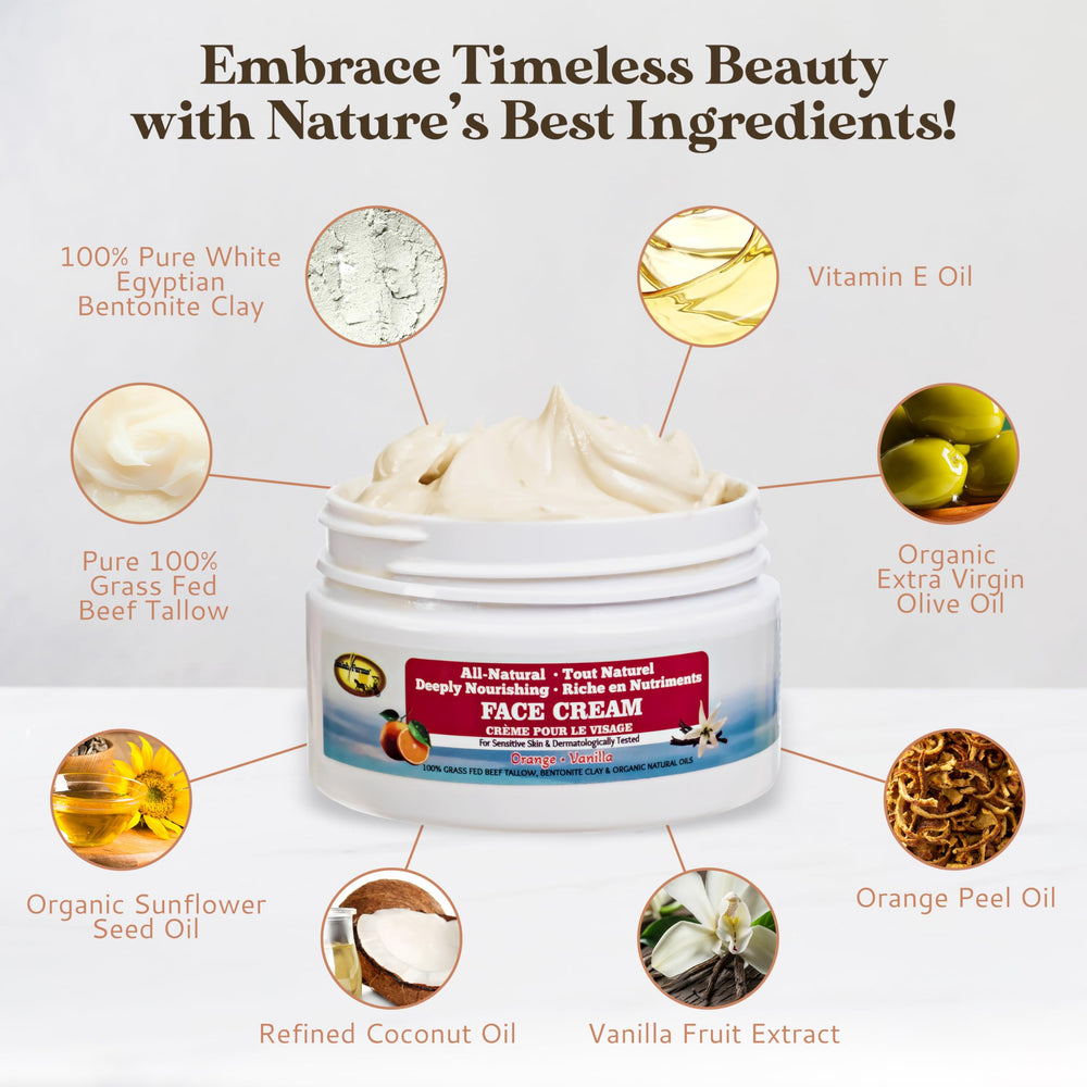 Amish Farms Tallow Face Cream orange vanilla oil blend on surface with gentle scent