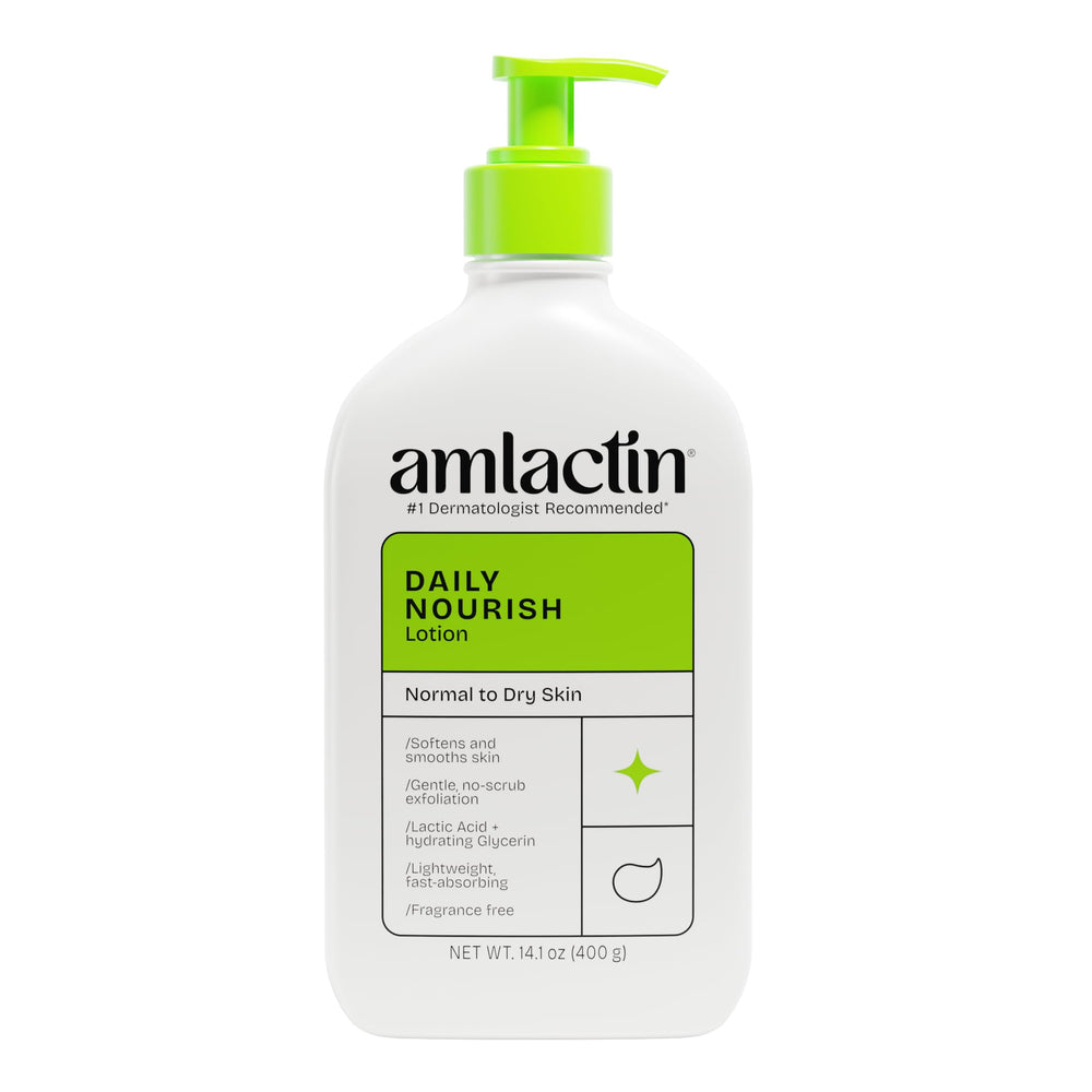 Amlactin pump bottle front view showing product for easy dispensing