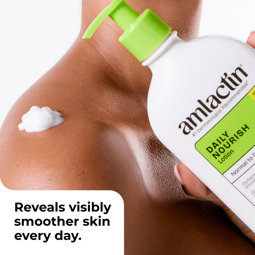 Amlactin lotion texture close-up showing creamy, fast-absorbing finish