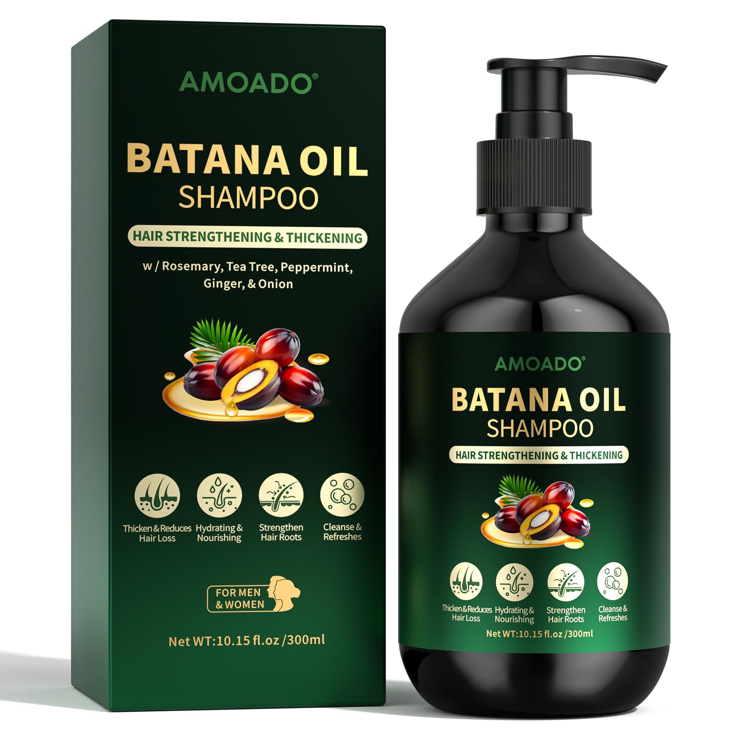 AMOADO Batana Oil Shampoo bottle highlights growth-supporting formula.