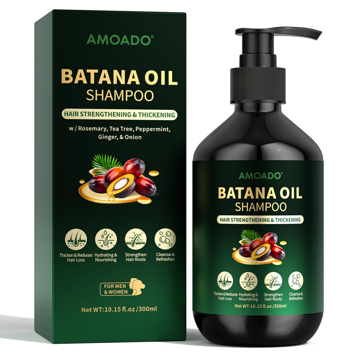 AMOADO Batana Oil Shampoo bottle highlights growth-supporting formula.