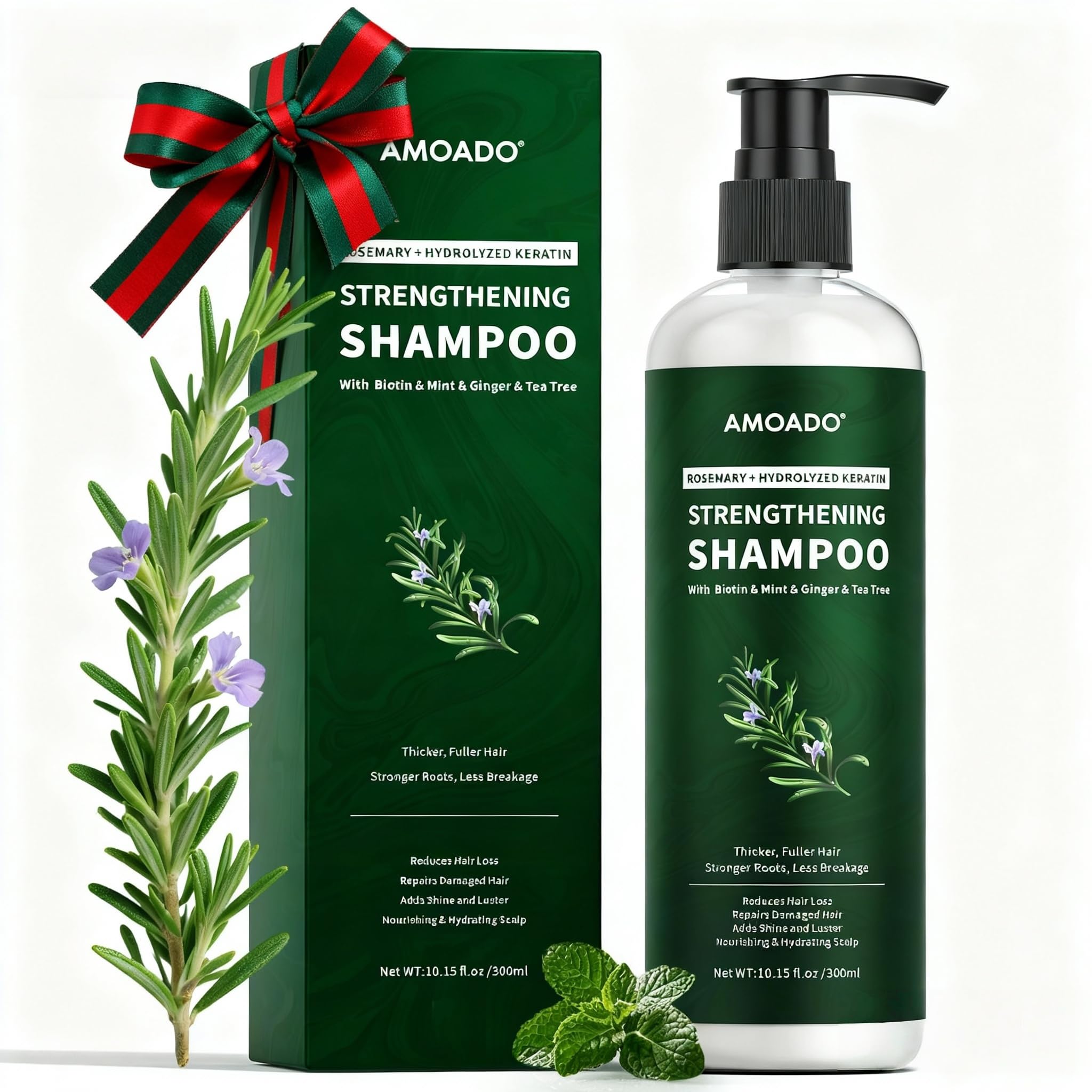 AMOADO rosemary hydrolyzed keratin shampoo bottle highlighting growth support and gentle cleansing.