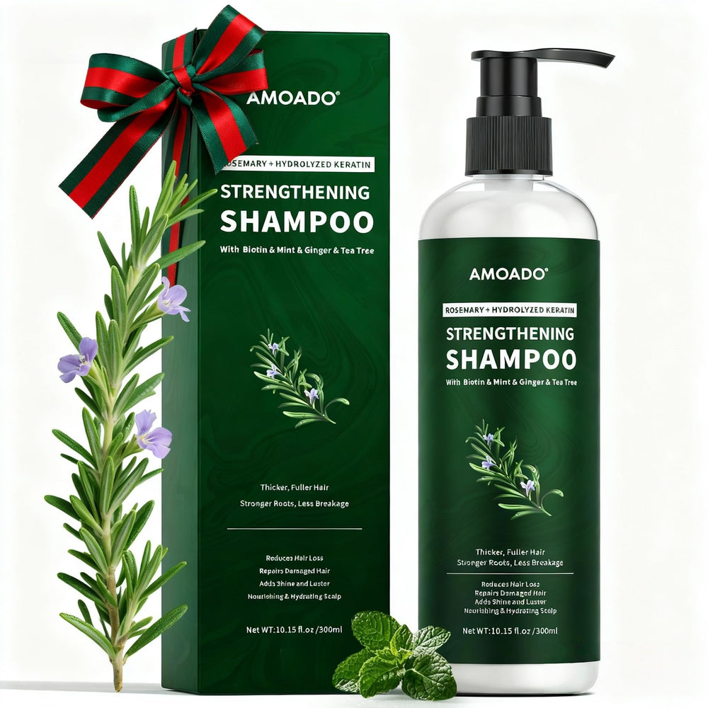 AMOADO rosemary hydrolyzed keratin shampoo bottle highlighting growth support and gentle cleansing.